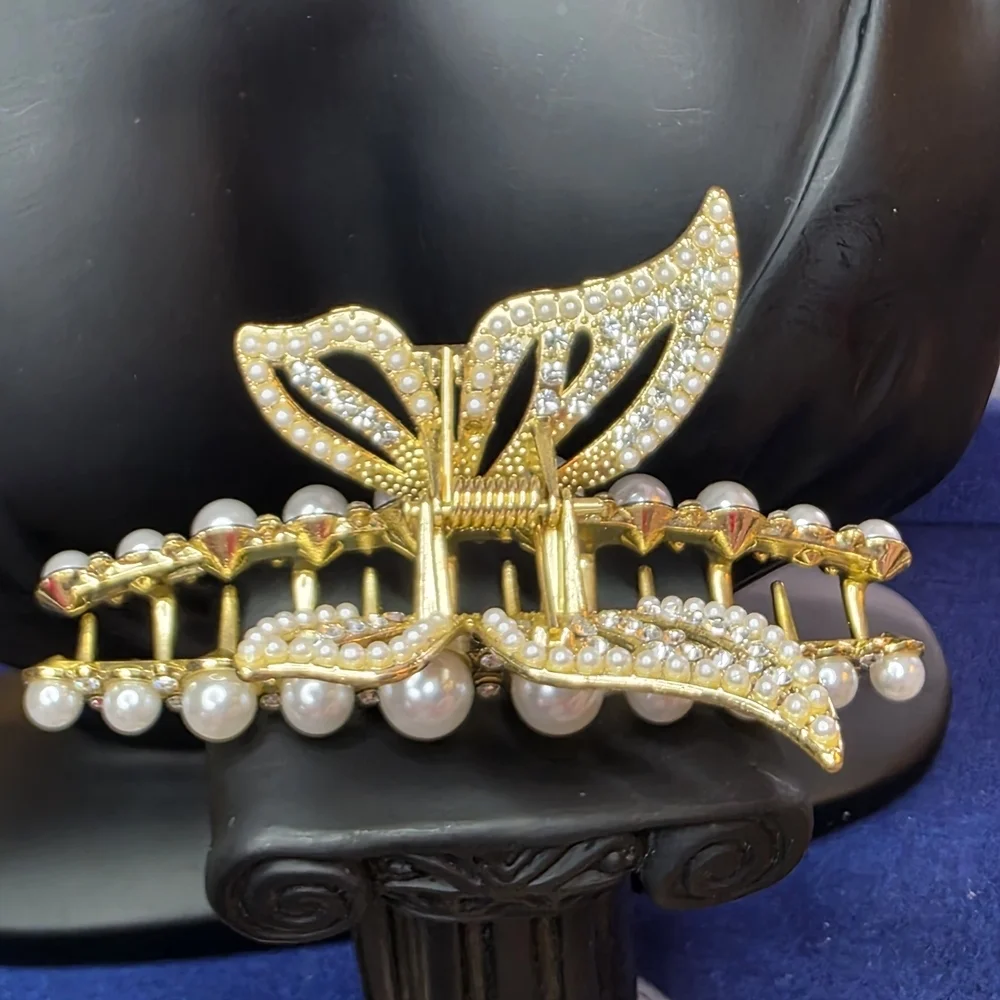 Gold Tone Pearl Leaf Hair Claw Clip Large Ornate Metal Statement 582